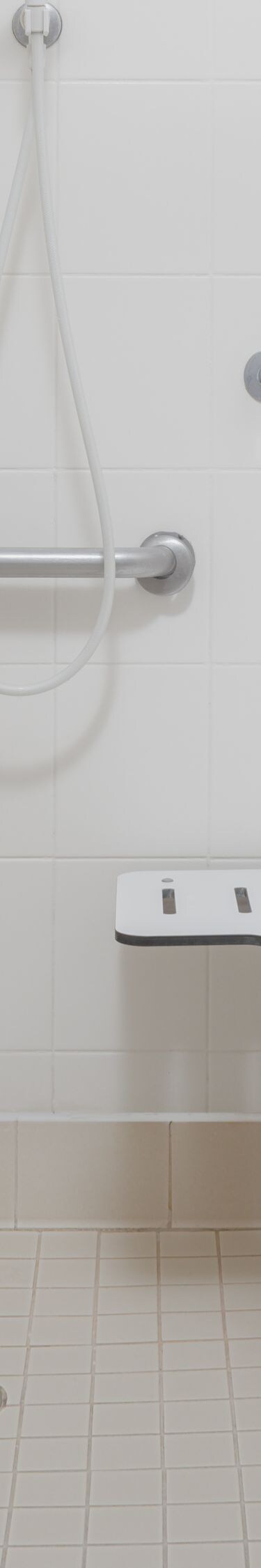 Roll-in shower with grab bars and seating
