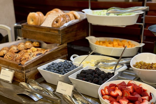 Fruits and breads available on counter
