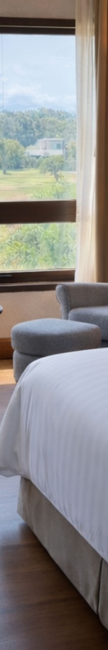 king bed, table with armchairs, golf course view