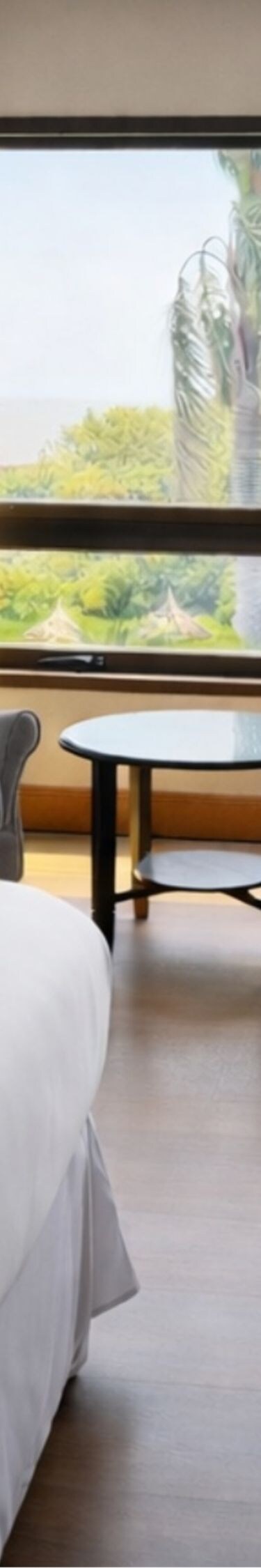 bed, desk, table with two armchairs