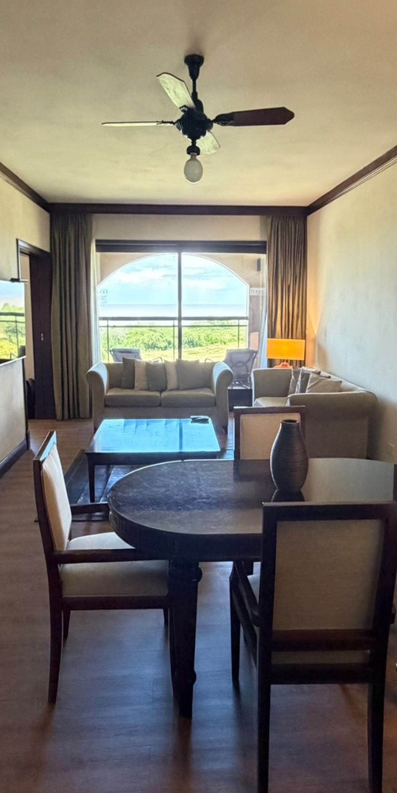 dining table, chairs, and living room