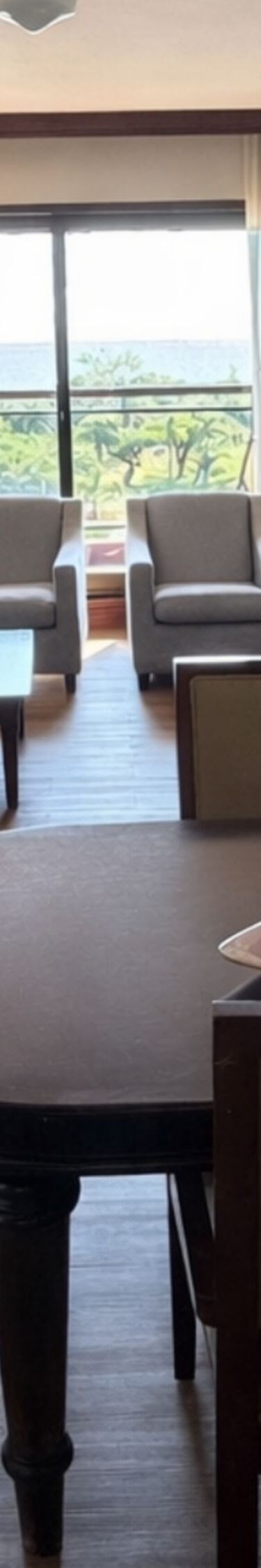 dining table with chairs, couch, and armchairs
