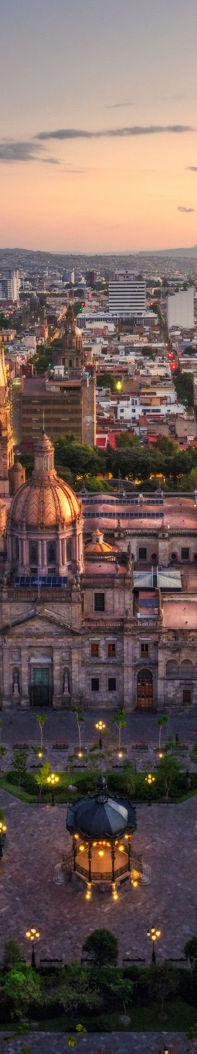 Aerial view of dowtown Guadalajara at sunset