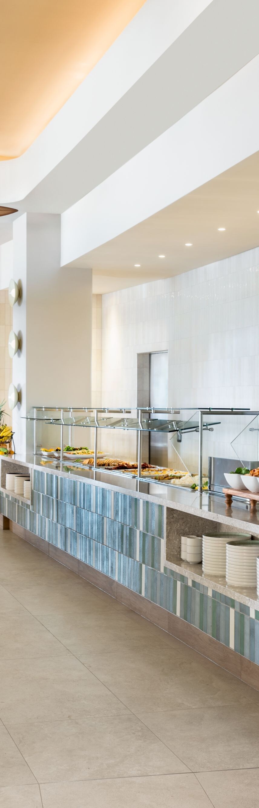 Breakfast buffet with fresh fruit and pastries