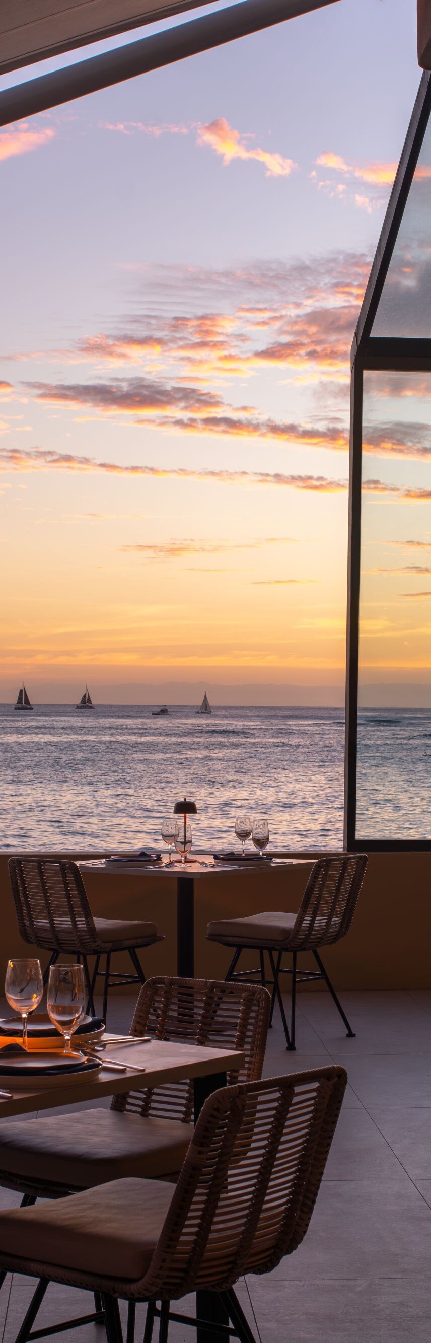 Restaurant terrace with sea views at sunset