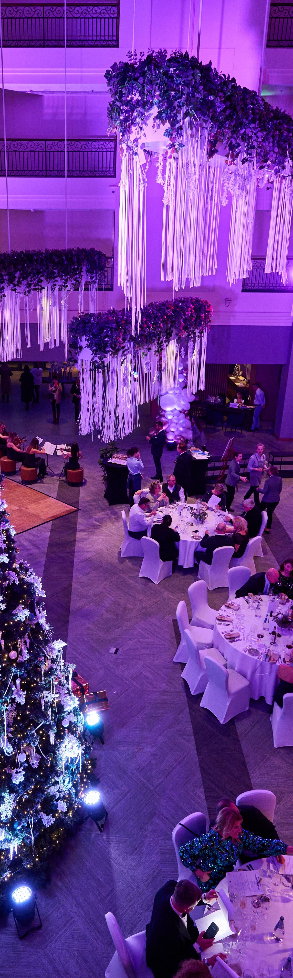 Christmas Tree, banquet tables and chairs, atrium