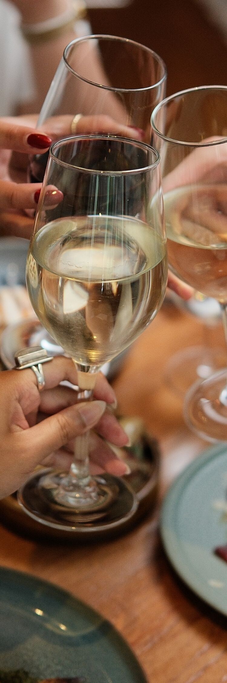 Three glasses of wine above dinner table