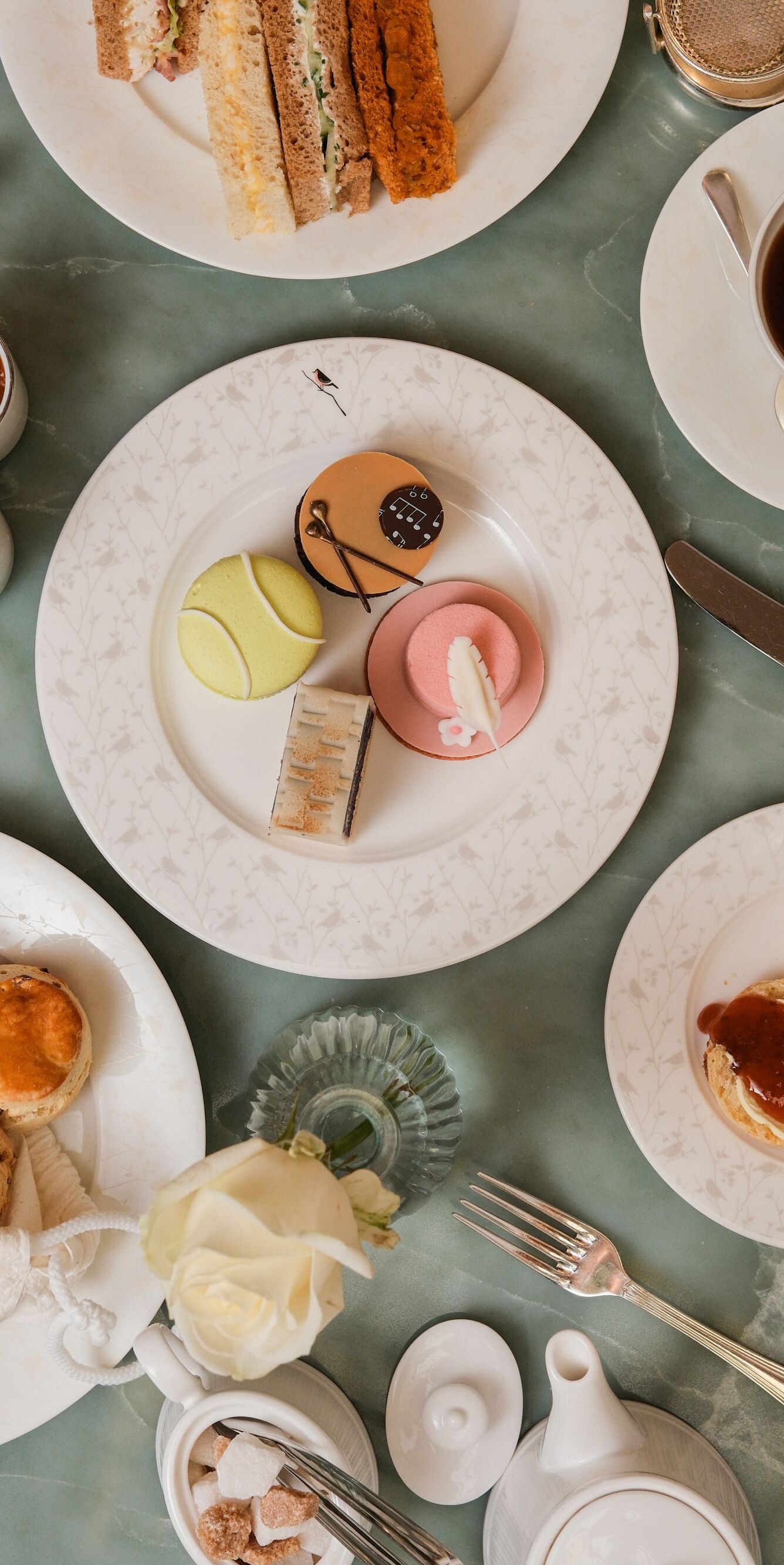 Overhead view of afternoon tea table setting