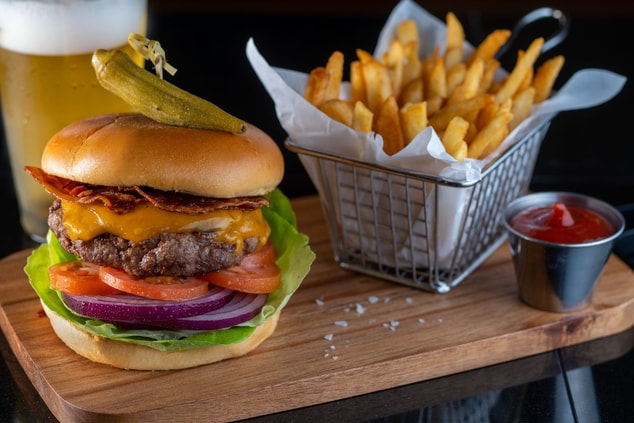 burger and basket of french fries