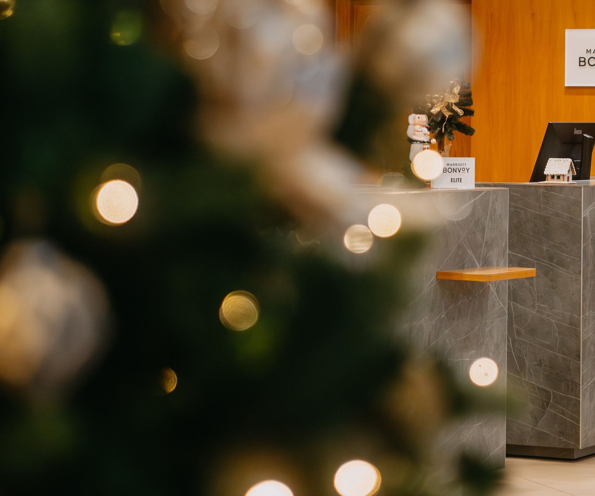 Hotel reception decorated for Christmas