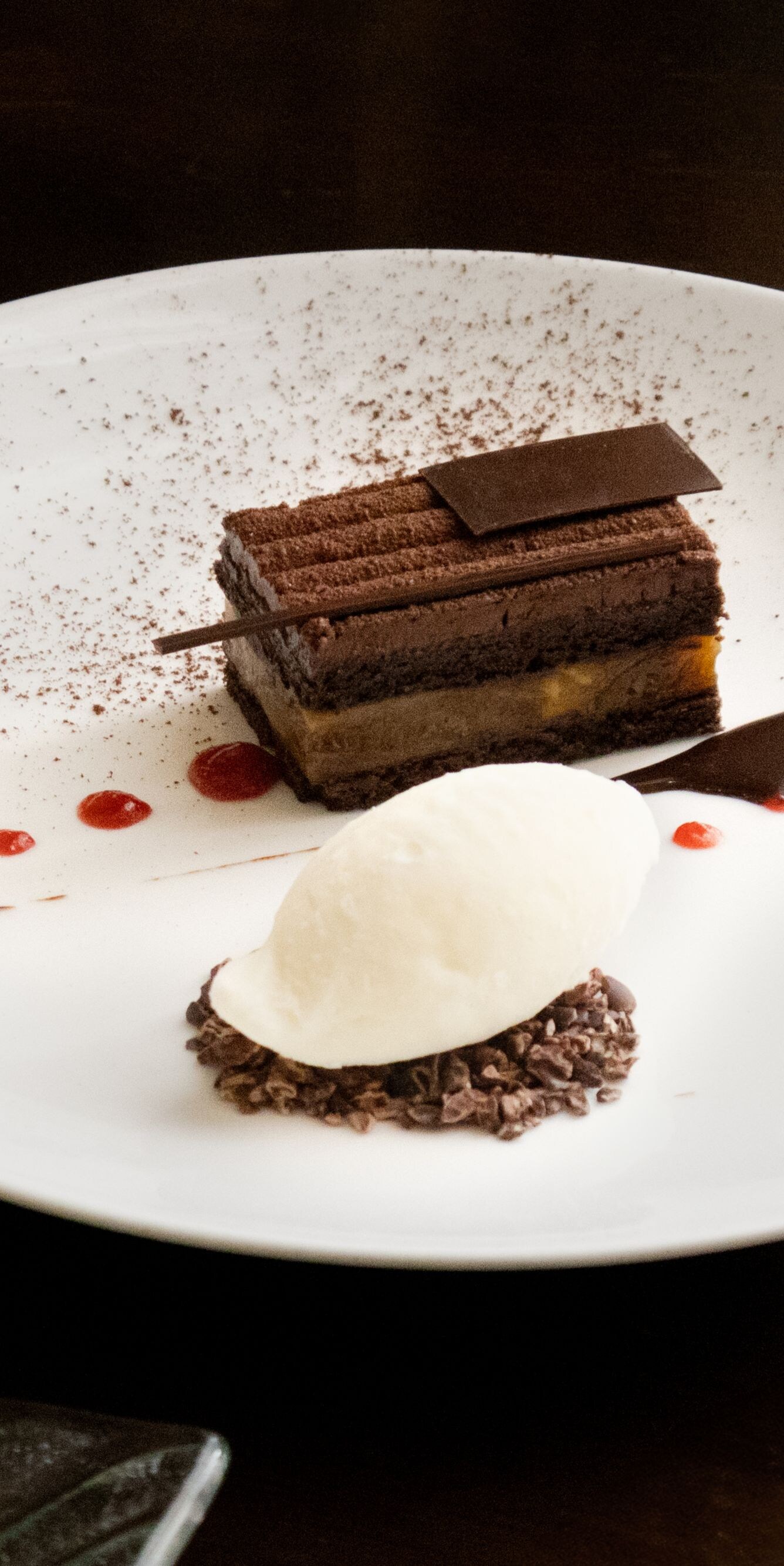 Chocolate cake with ice cream and berries