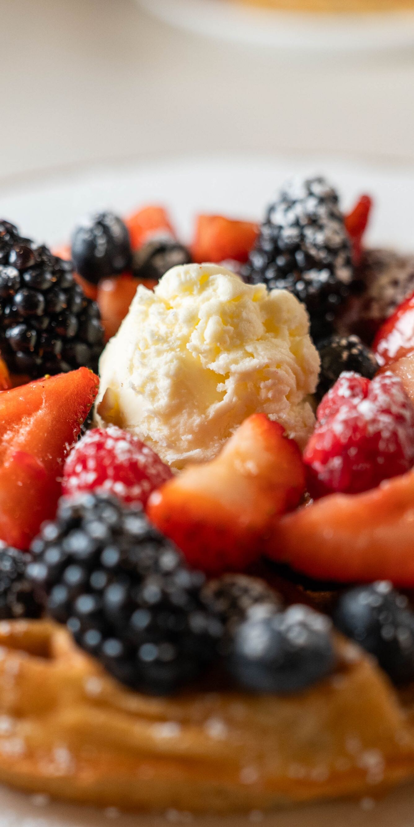 Belgian waffle topped with fresh mixed berries