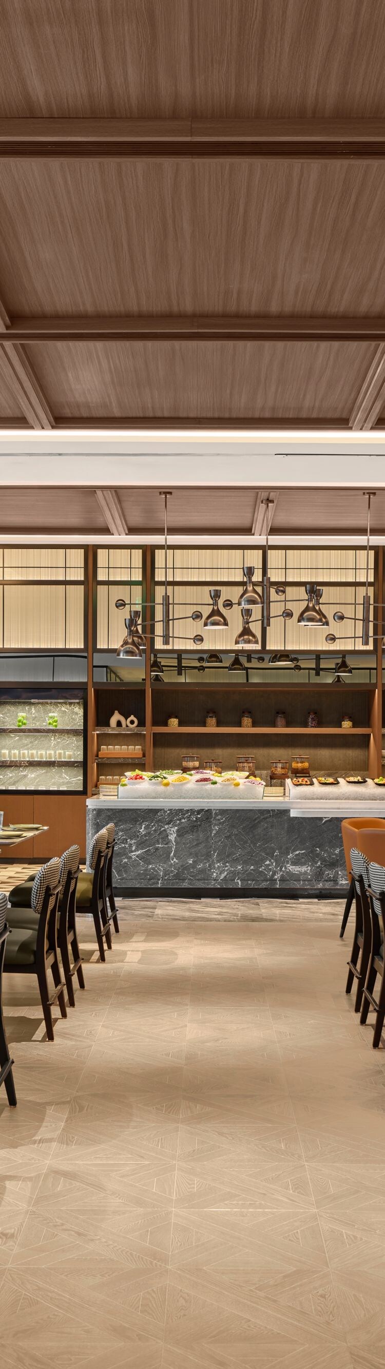 Restaurant with modern seating and buffet