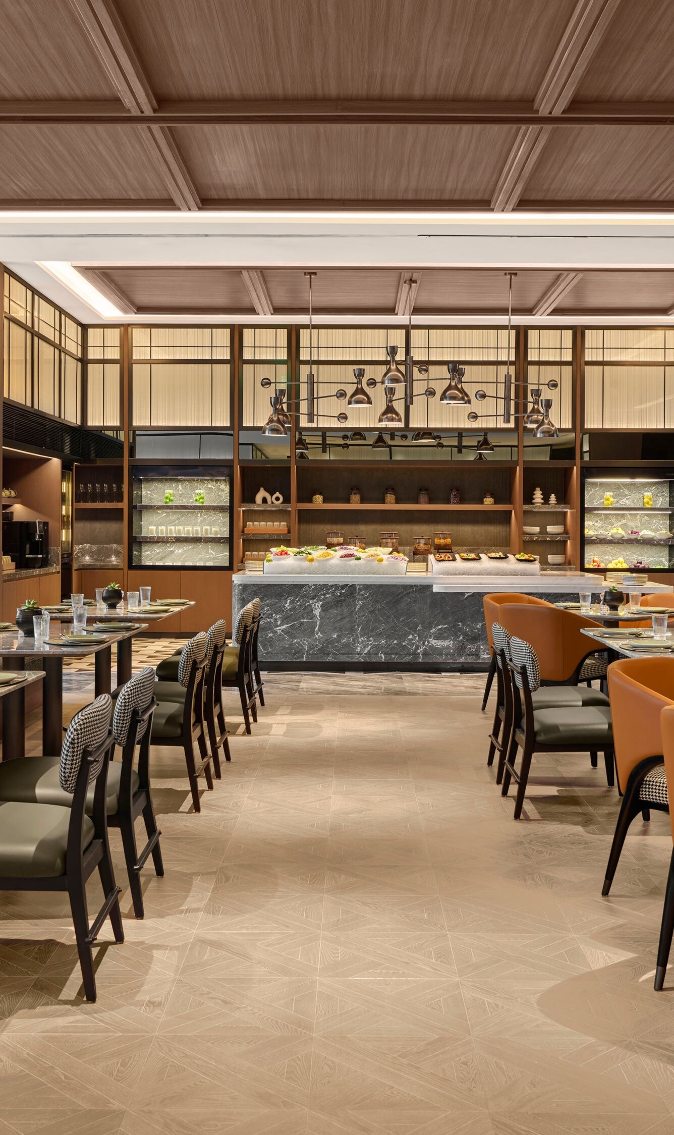 Restaurant with modern seating and buffet