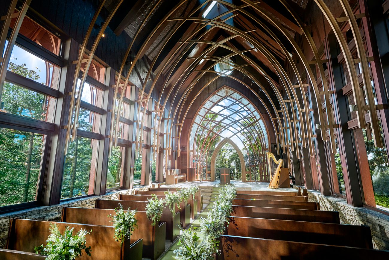 Glass chapel set in a vast garden