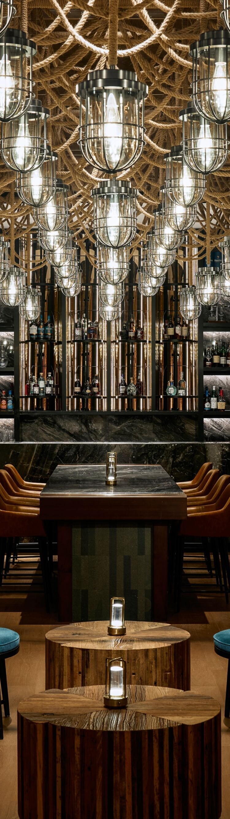  interior with ship rope chandeliers, deck walls