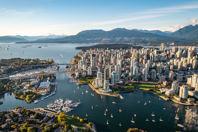 Aerial view of Vancouver and surrounding waters.