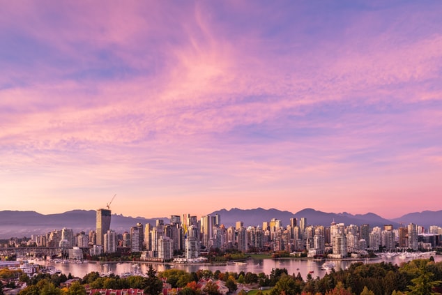 Panoramic view of downtown Vancouver at sunset.