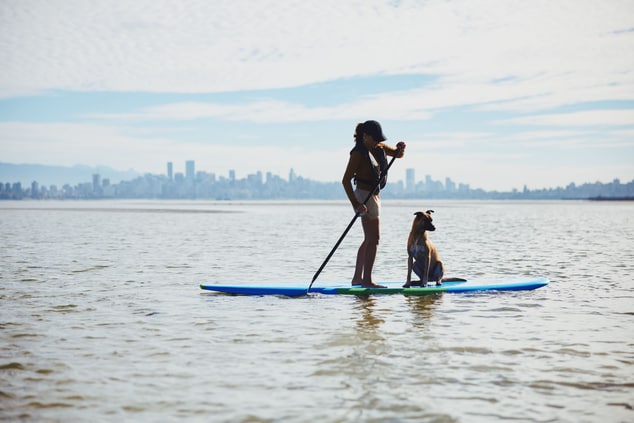 A woman paddleboarding with a dog in Vancouver.