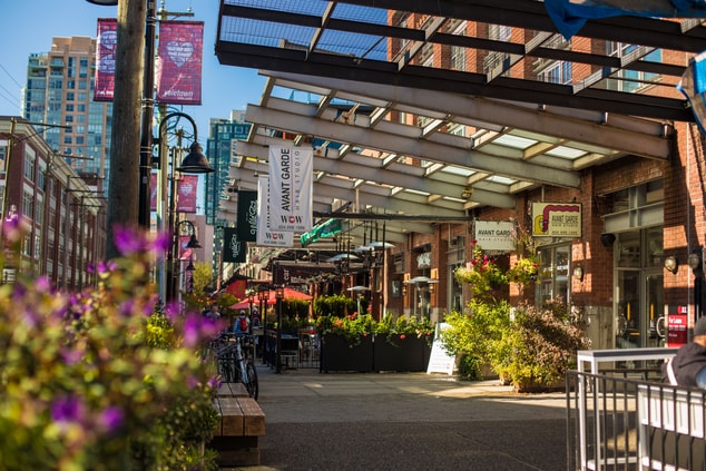 Patios and storefronts located in Yaletown.