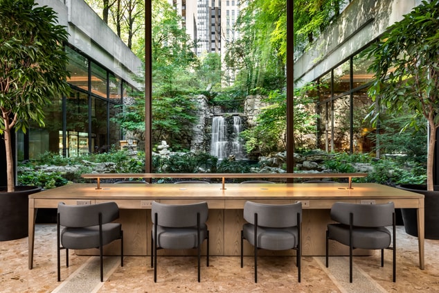 View of waterfall garden and workspace from lobby.