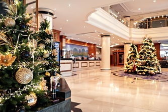 Christmas decorations in the hotel lobby.