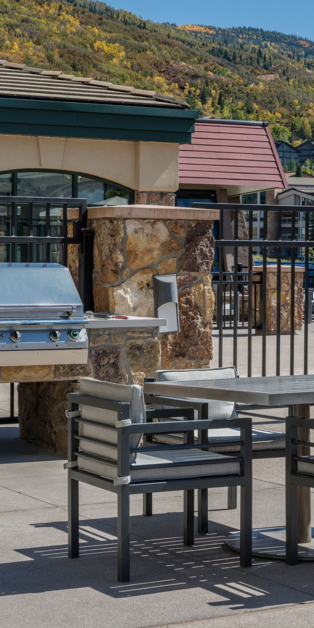 Two outdoor grills, picnic table