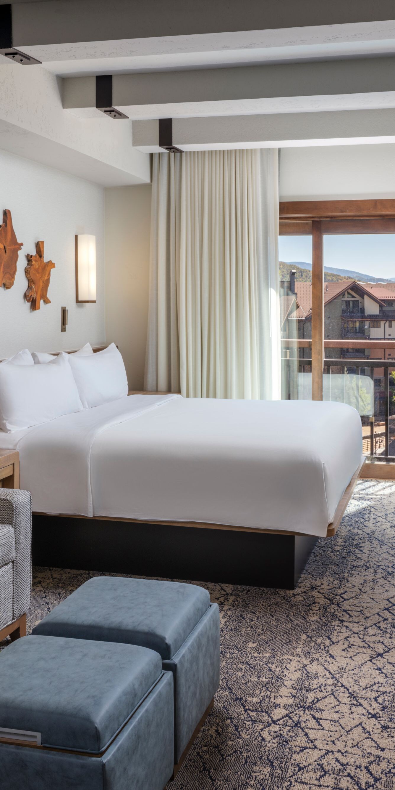 King bed, sofa, TV, small balcony, view of resort