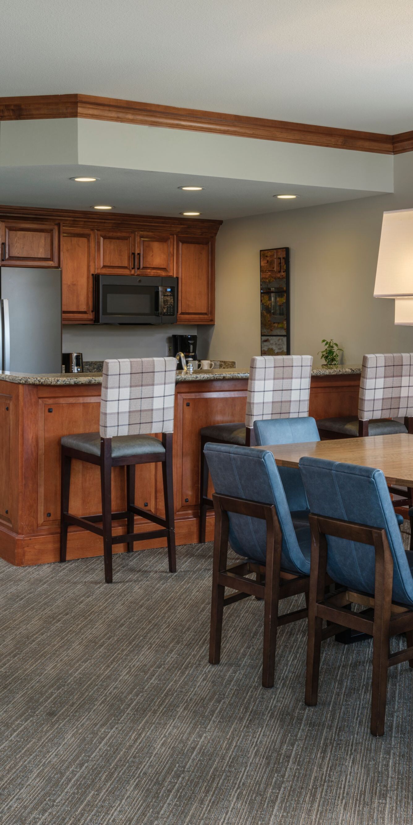 Kitchen, dining table, fireplace