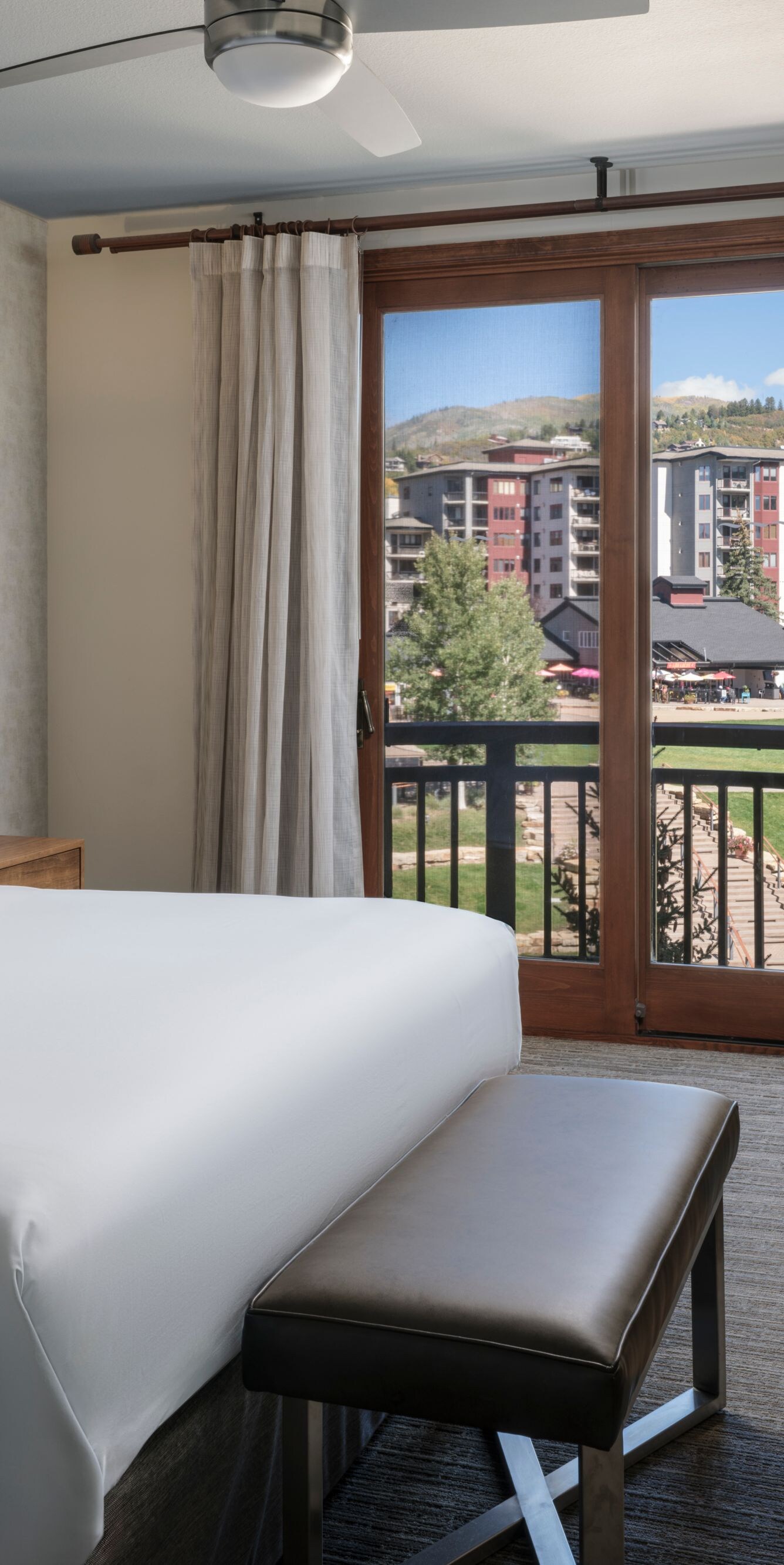King bed, work desk, TV, view of resort area