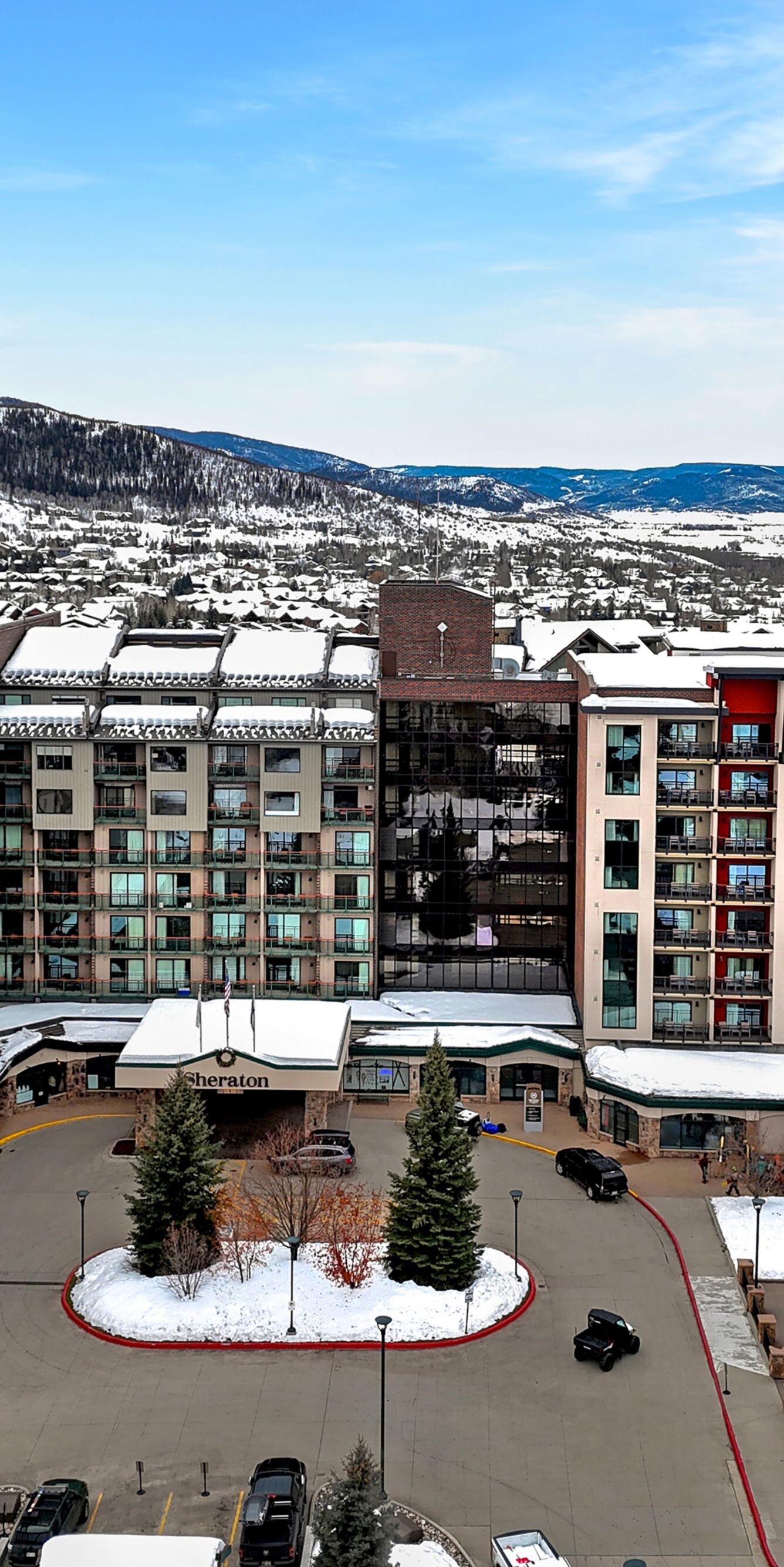 Aerial of exterior in winter, snow