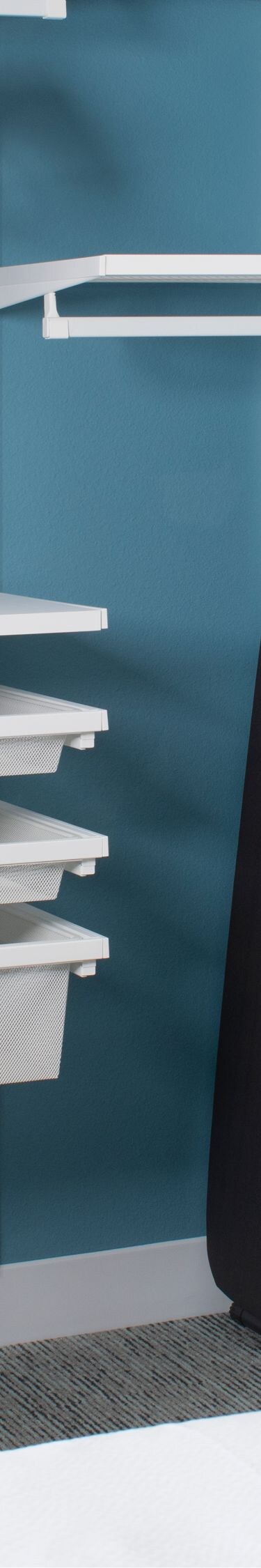 Open closet with shelving, hanging space, and iron