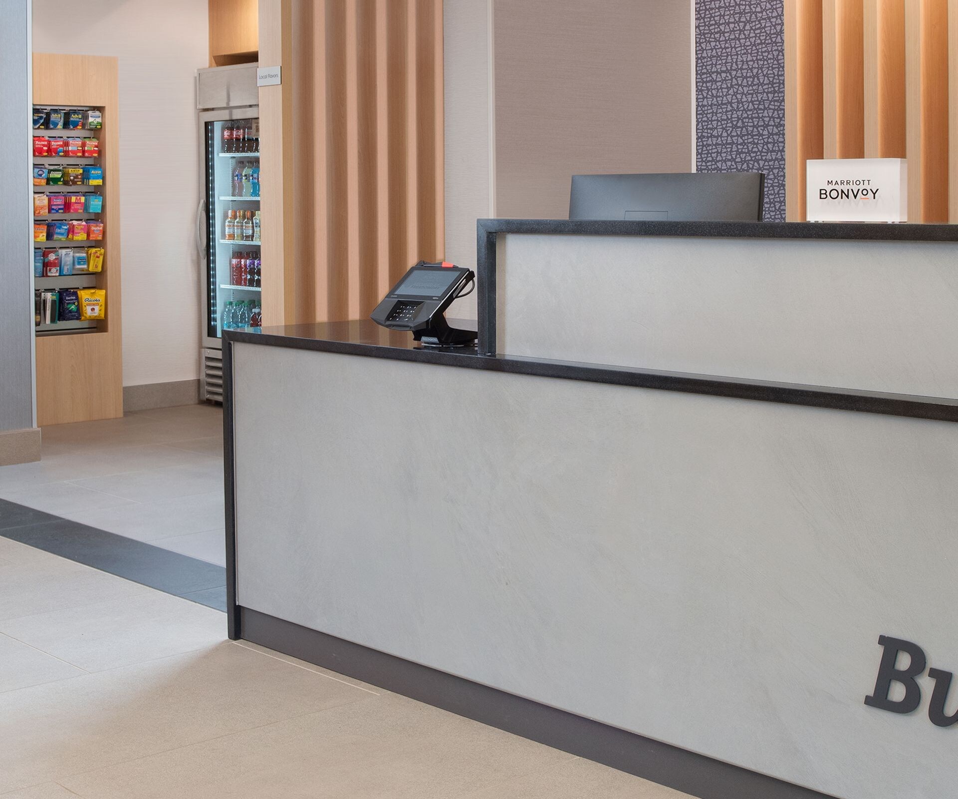 Modern front desk and lobby area