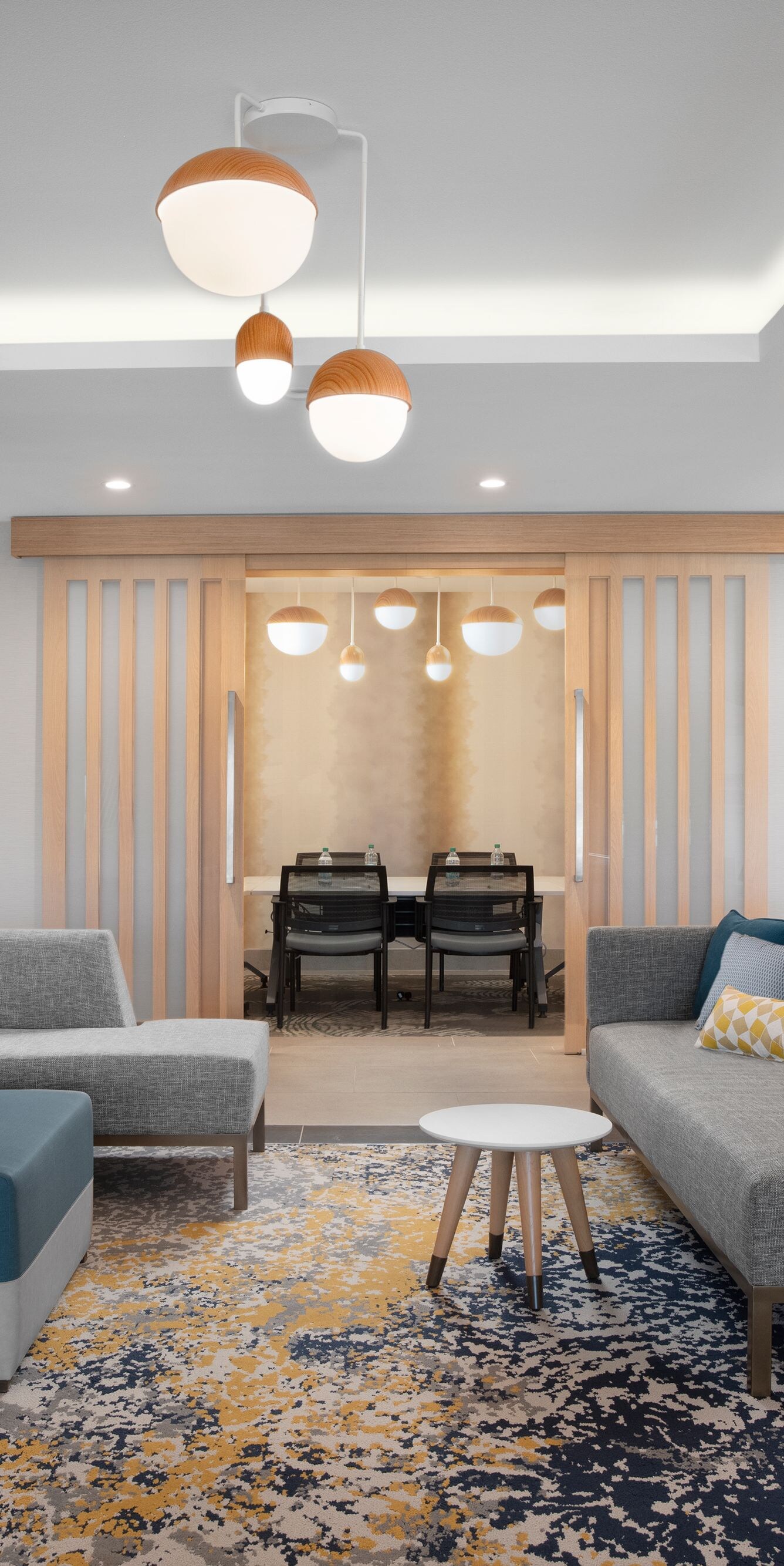 Modern hotel lobby with comfortable seating