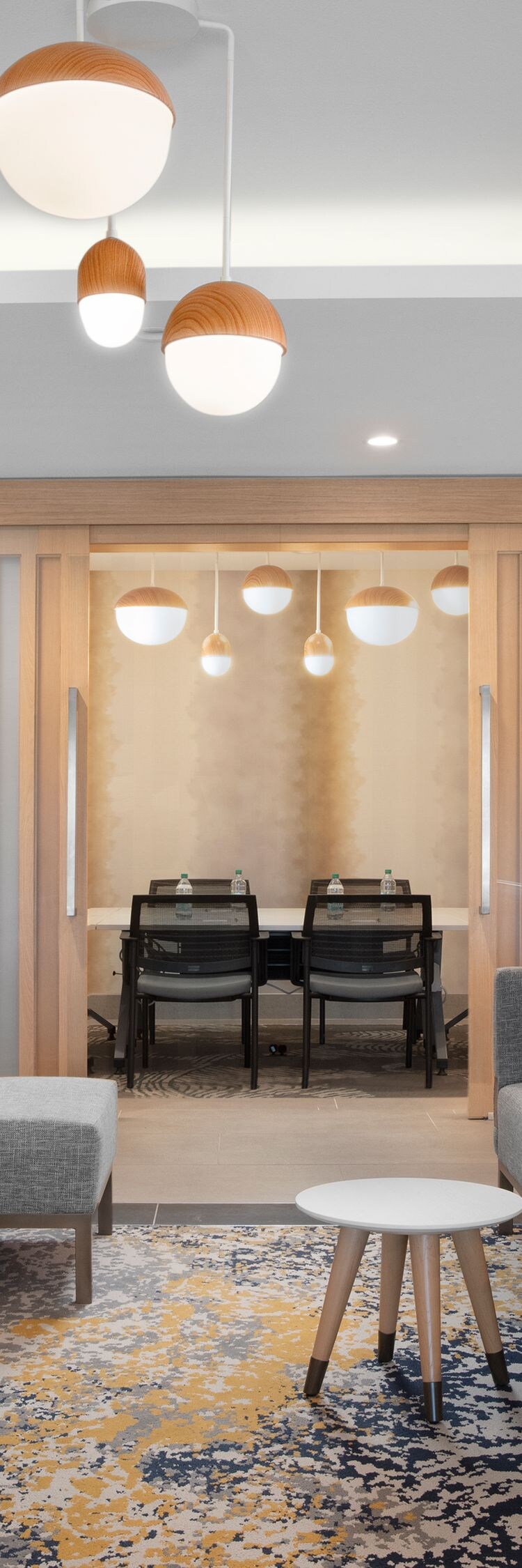 Modern hotel lobby with comfortable seating