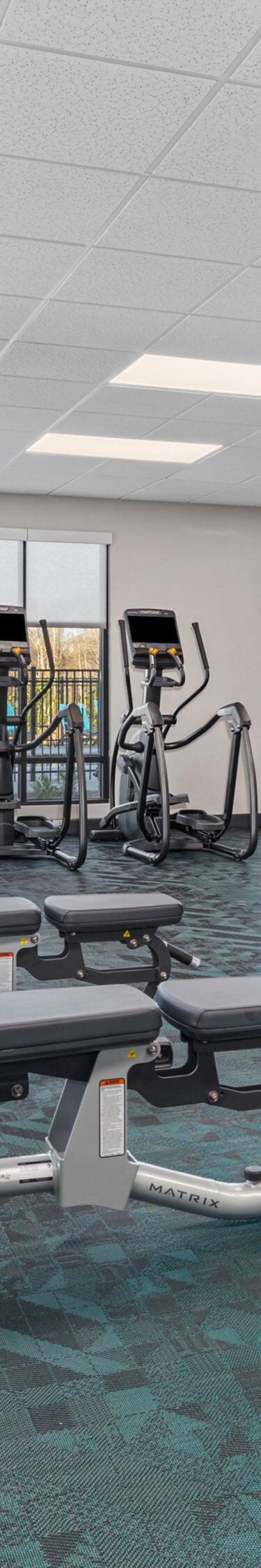 Fitness center cardio equipment and weights