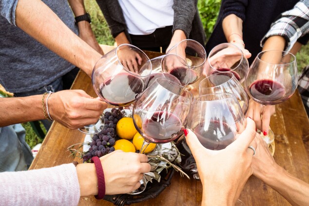 Large group of people toasting wine glasses