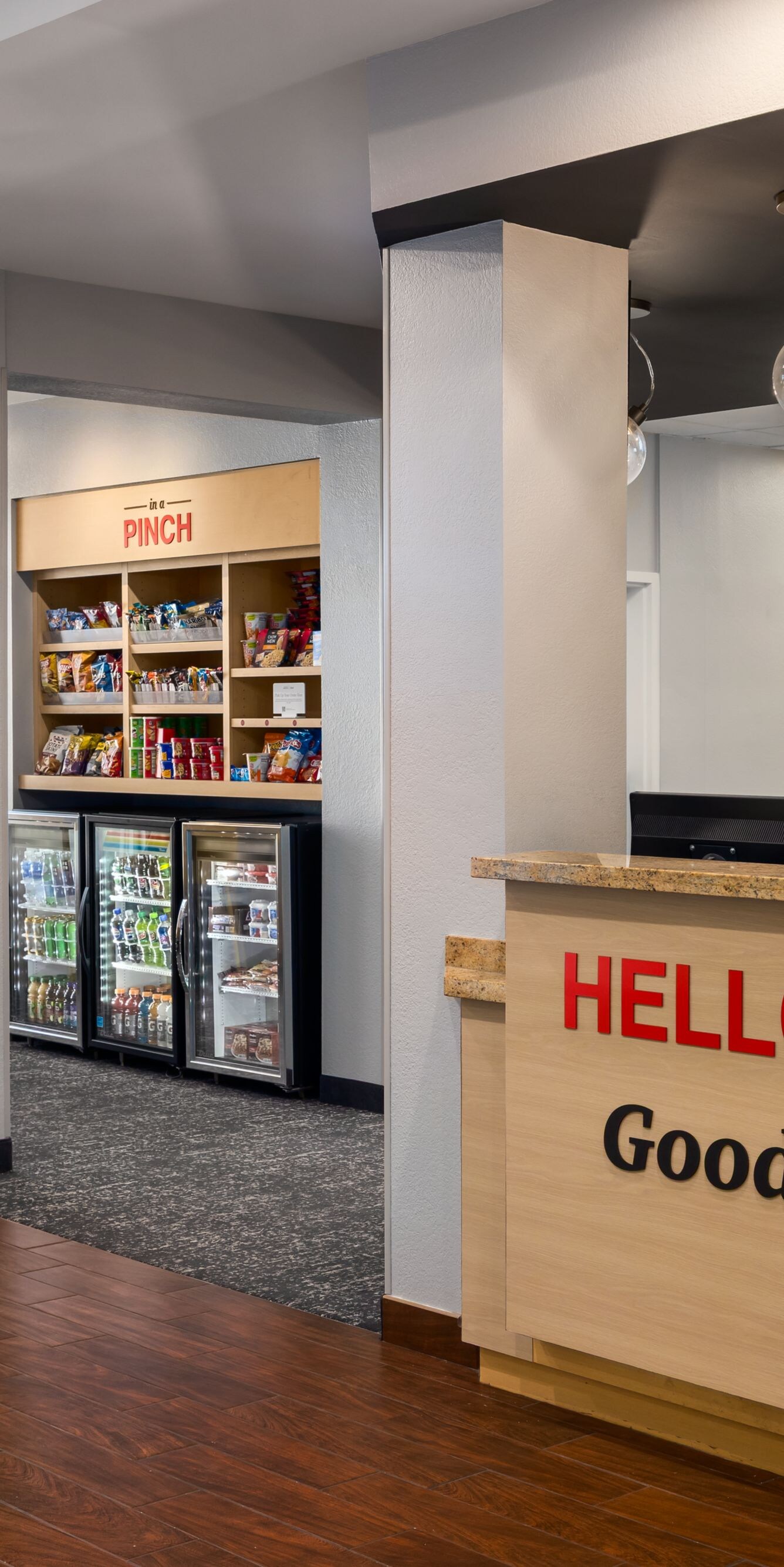 front desk, lobby, and pantry area