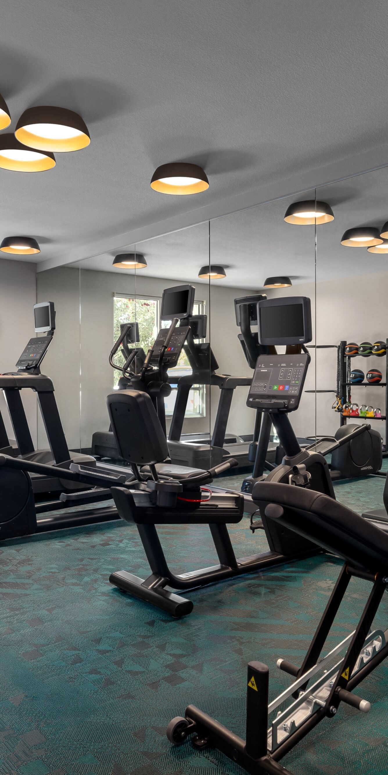 Hotel fitness room with cardio machines and weight