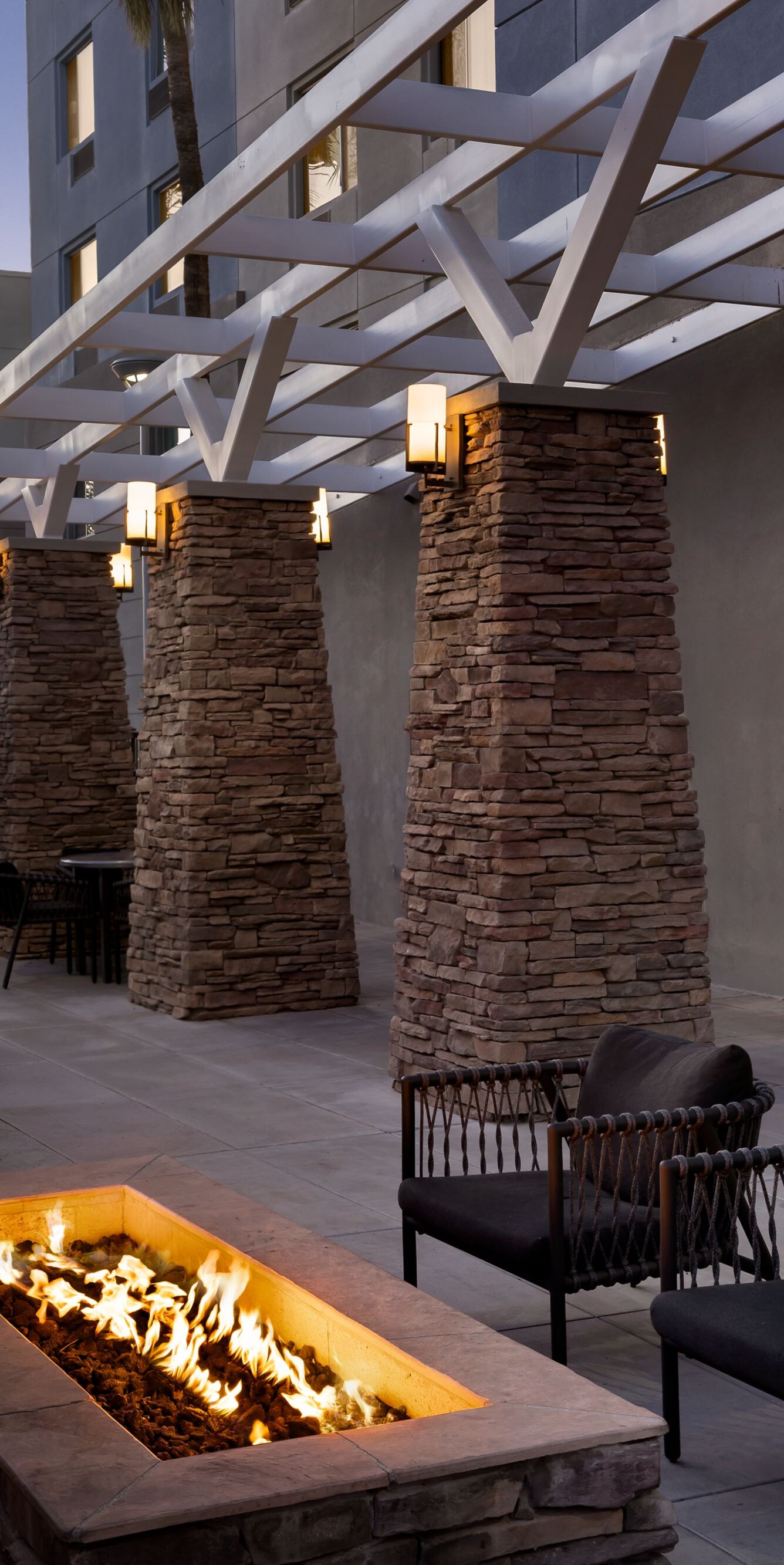 fire pit and seating area at dusk