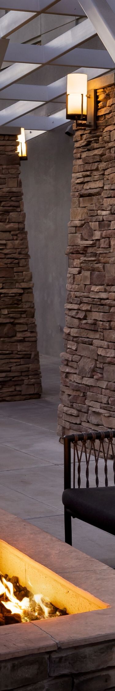 fire pit and seating area at dusk
