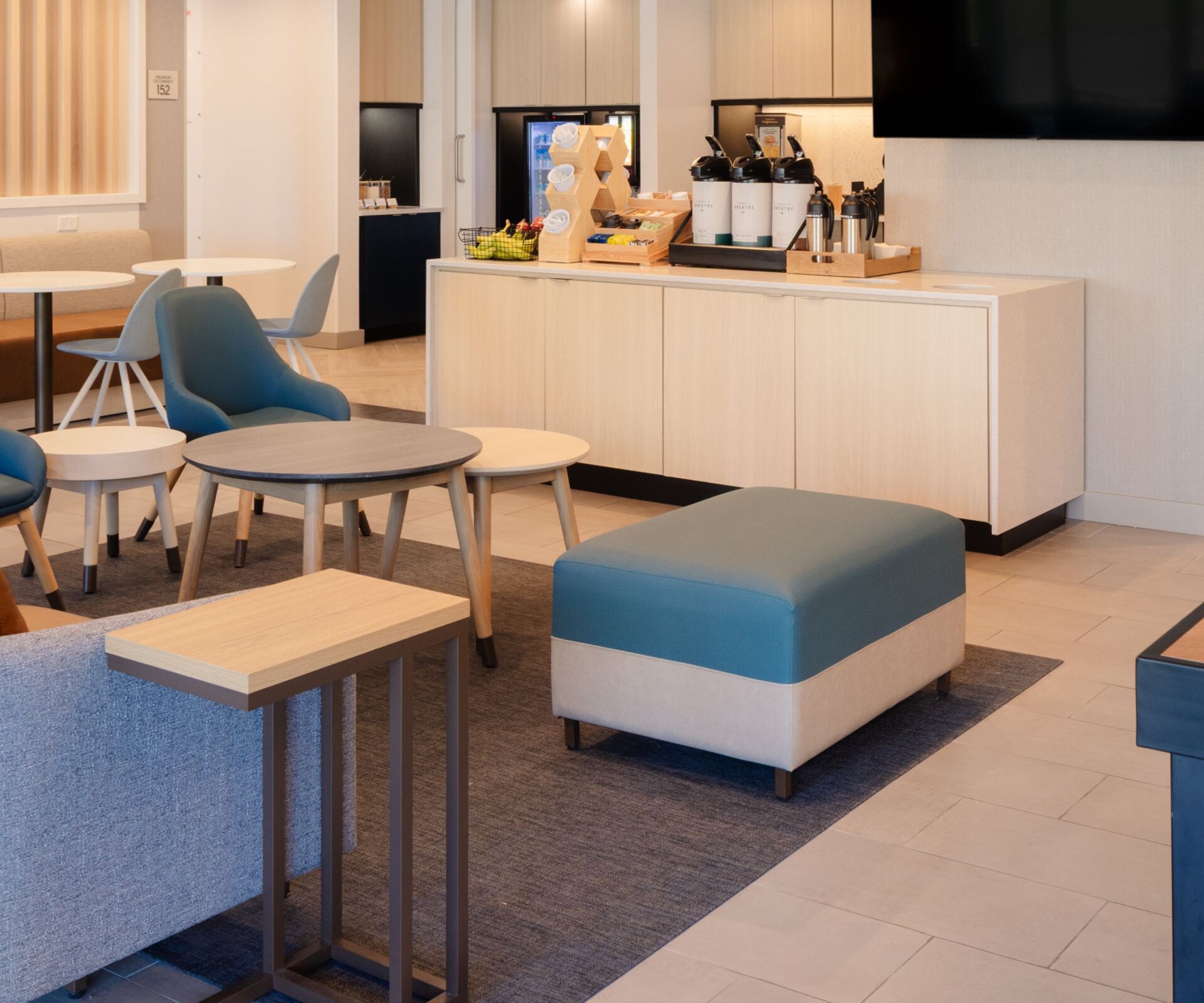 Breakfast buffet and lobby seating