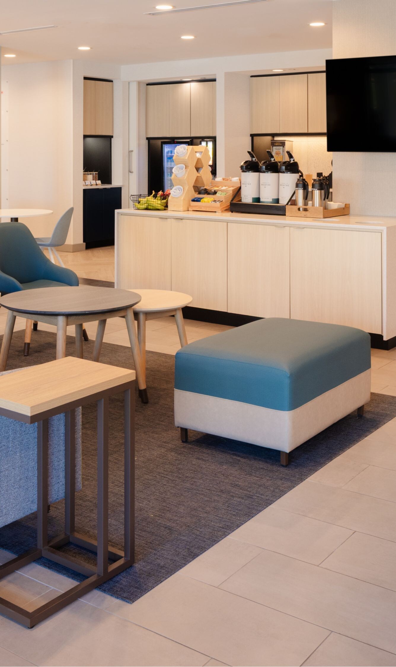 Breakfast buffet and lobby seating