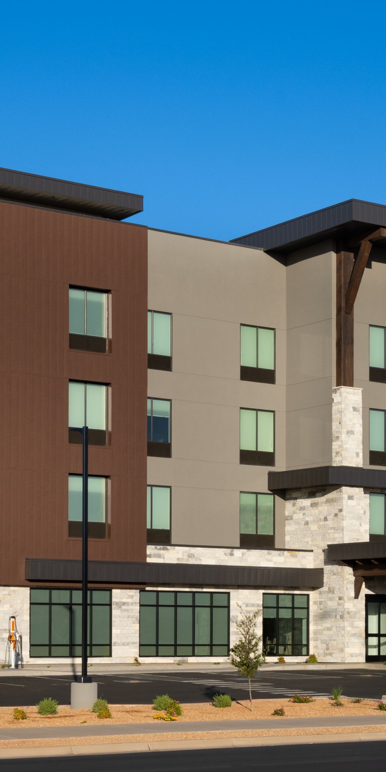 hotel exterior with blue skies