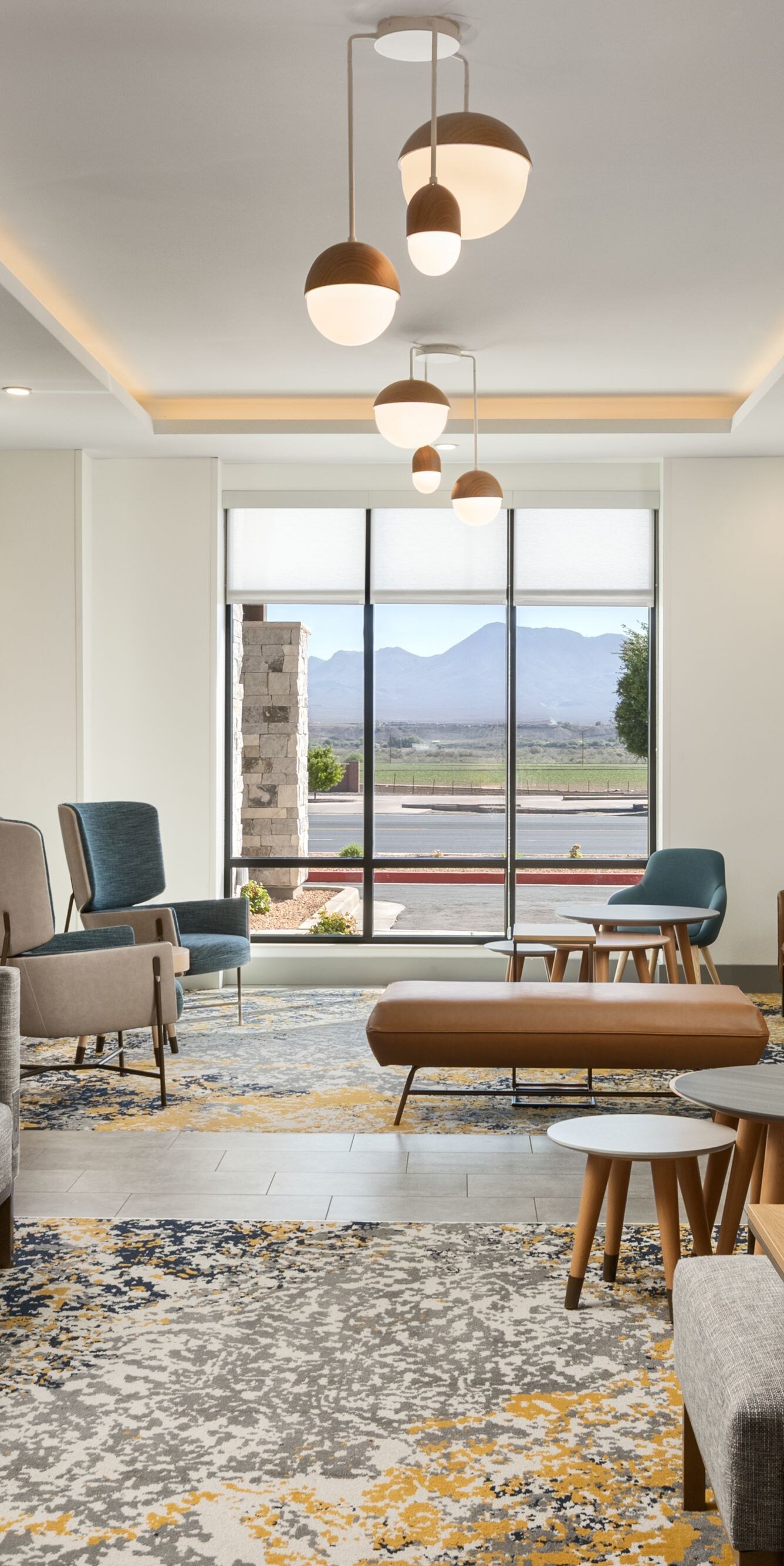 Modern lounge seating with sofas and tables