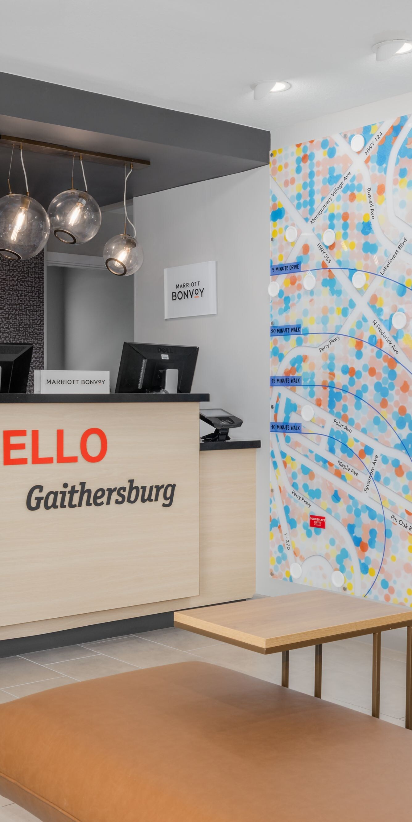 front desk reception area and local wall map