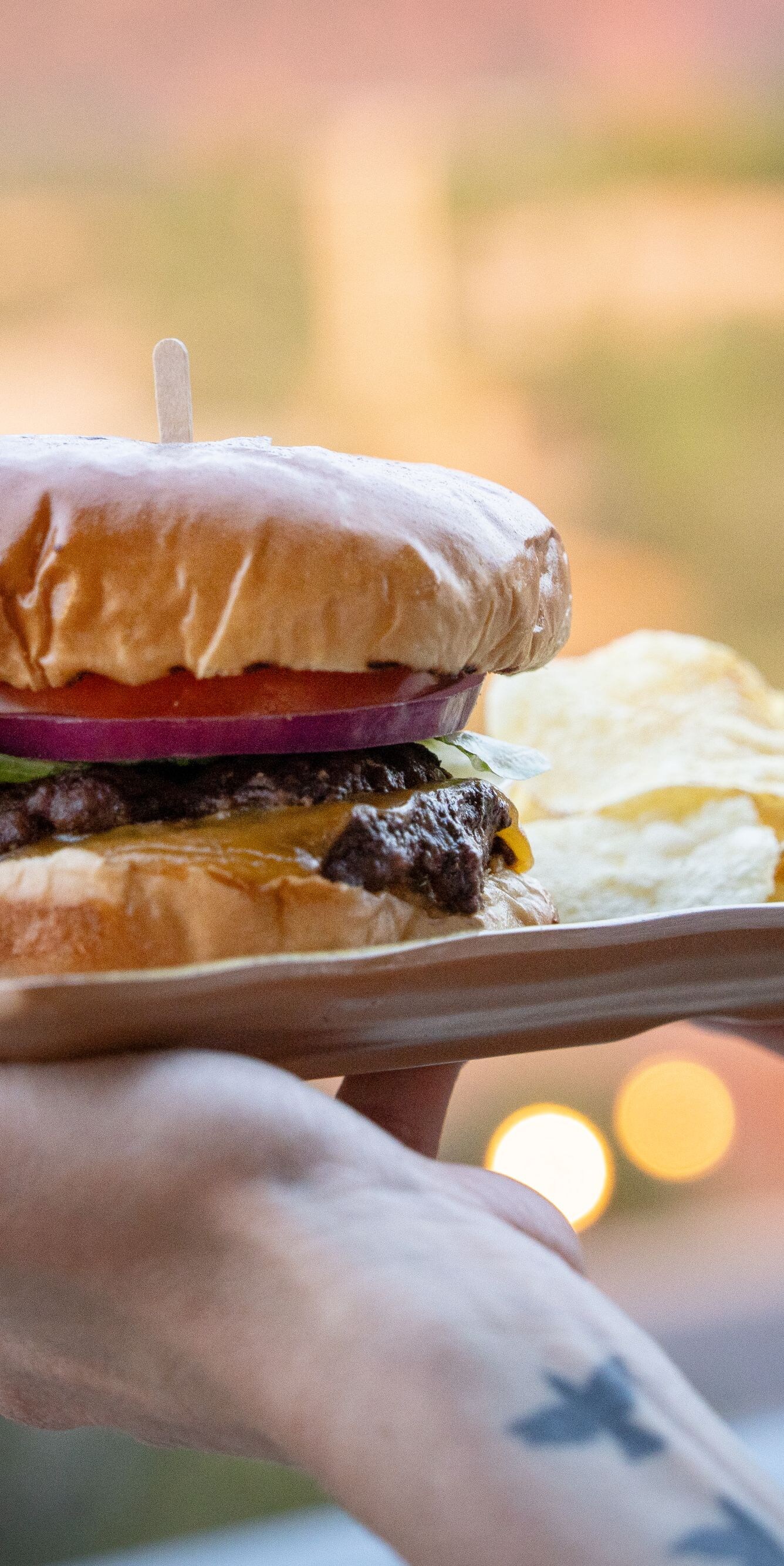 Cheeseburger with chips on wooden tray