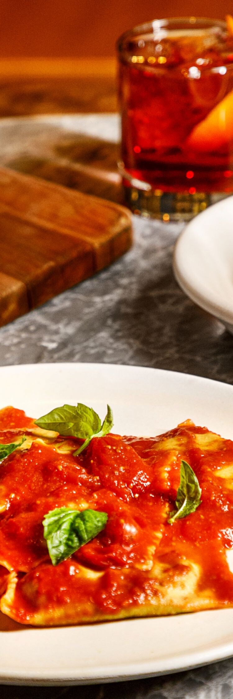 Ravioli, bread, dessert, wine