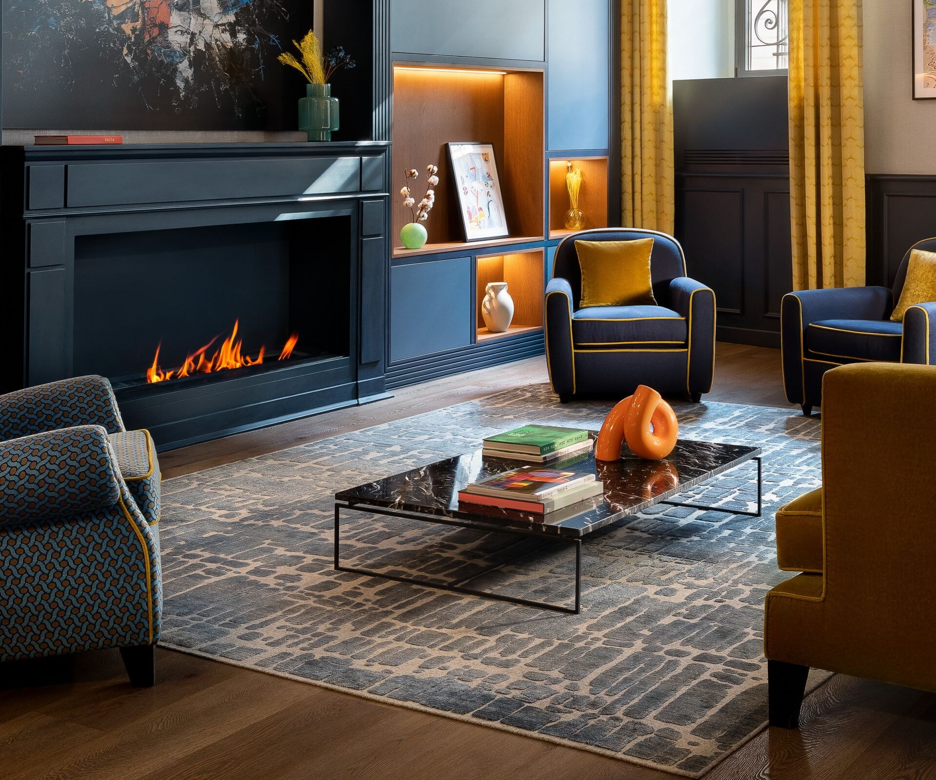 Colorful hotel lobby with artwork
