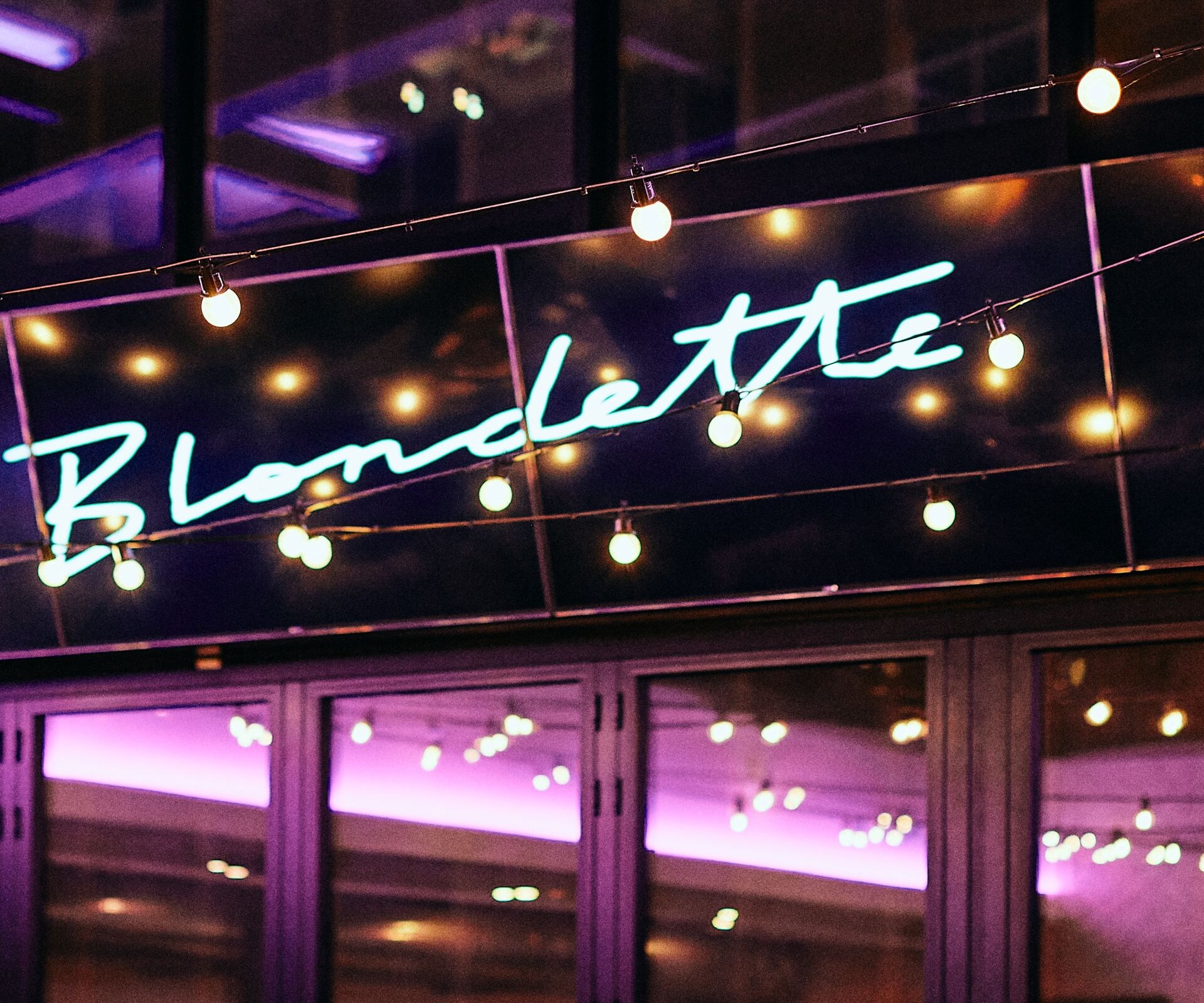 Blondette signage with purple lighting